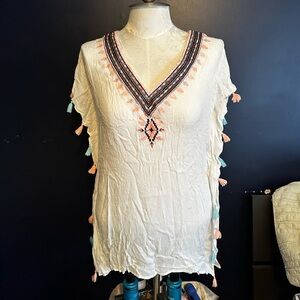 Vestique Embroidered Tassel Cover Up Tunic White M/L